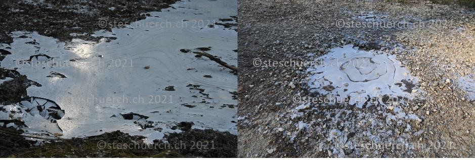 In den Bildern ist das zu Eis gefrorene Schmelzwasser in einzigartigen Mustern zu sehen.