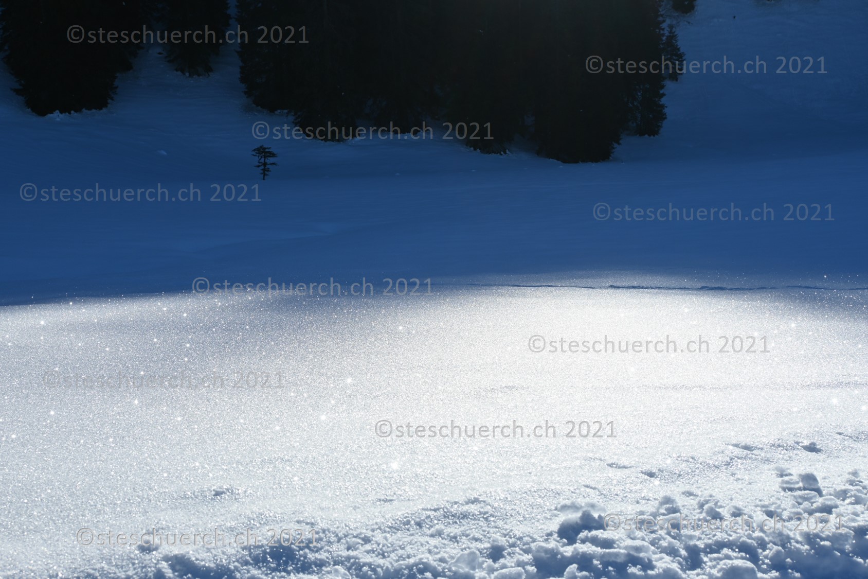 Schneekristalle glänzen in der Sonne.