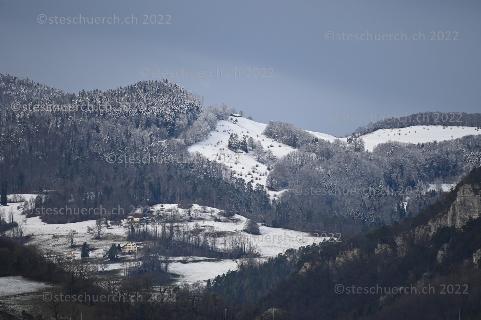 Winter landscape with a deep and clear view of the Gäuthal.