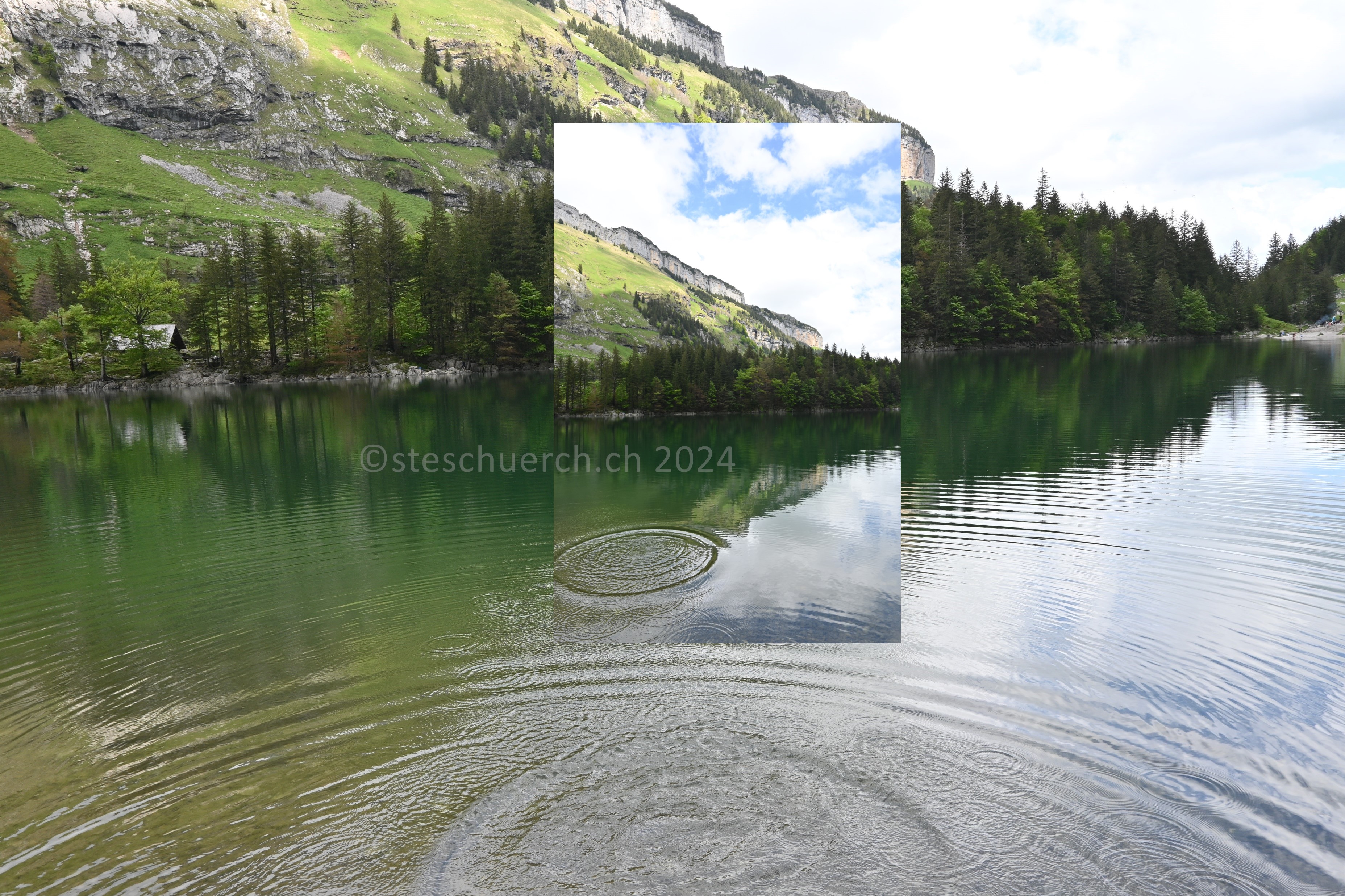 Aussicht über den Seealpsee und die herumliegende Landschaft.